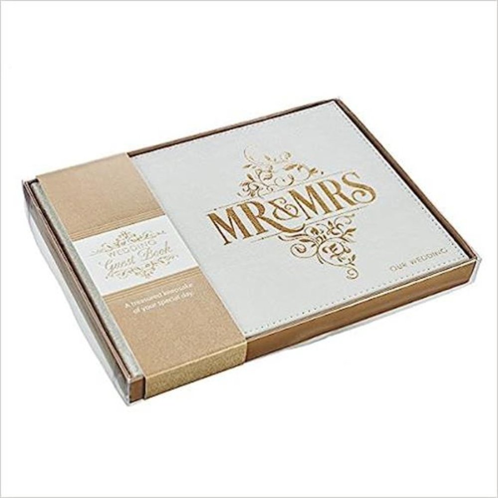 Wedding Guest Book - Mr. and Mrs. Our Wedding - Lacey White Faux Leather Gold